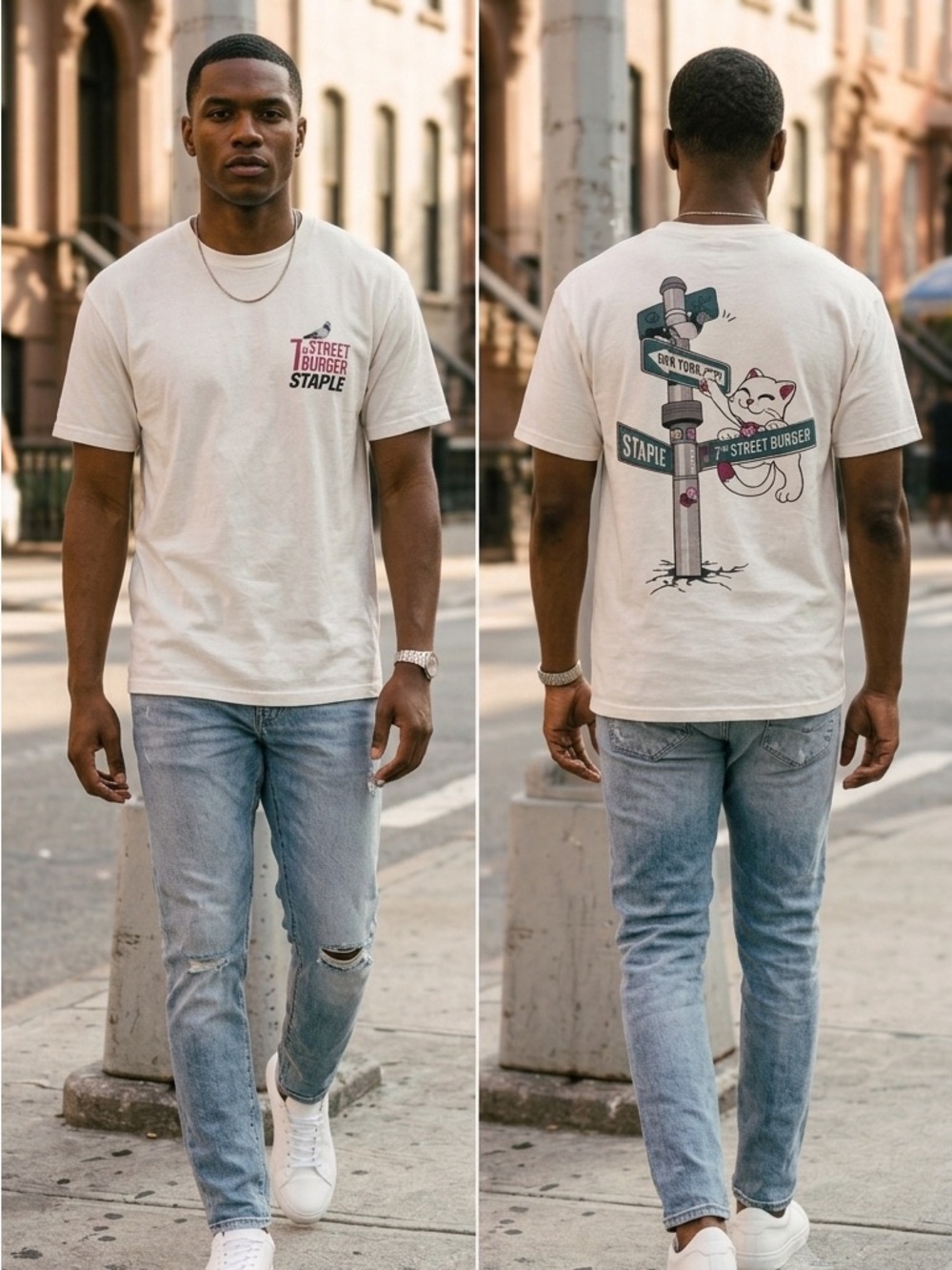 Staple X 7th Street White Short-Sleeve Tee Chest and Back Graphic XL